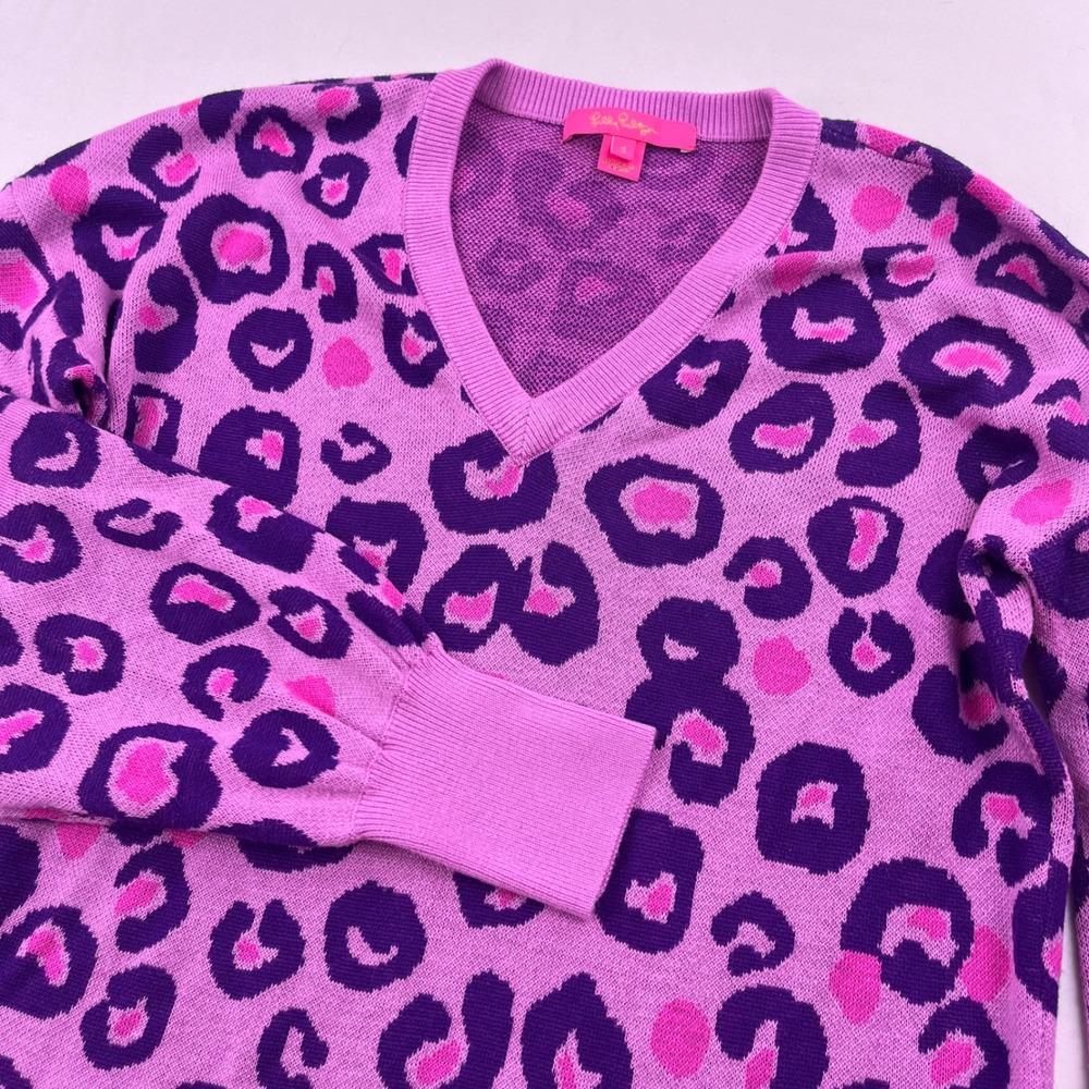 Lilly Pulitzer Purple Pink Leopard Print V-Neck Sweater Small Animal Print Knit
